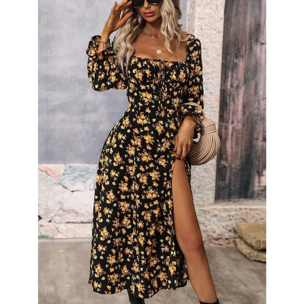 Blue white Floral Print Flounce long Sleeve Knotted Split Thigh midi Dress - Picture 3 of 11